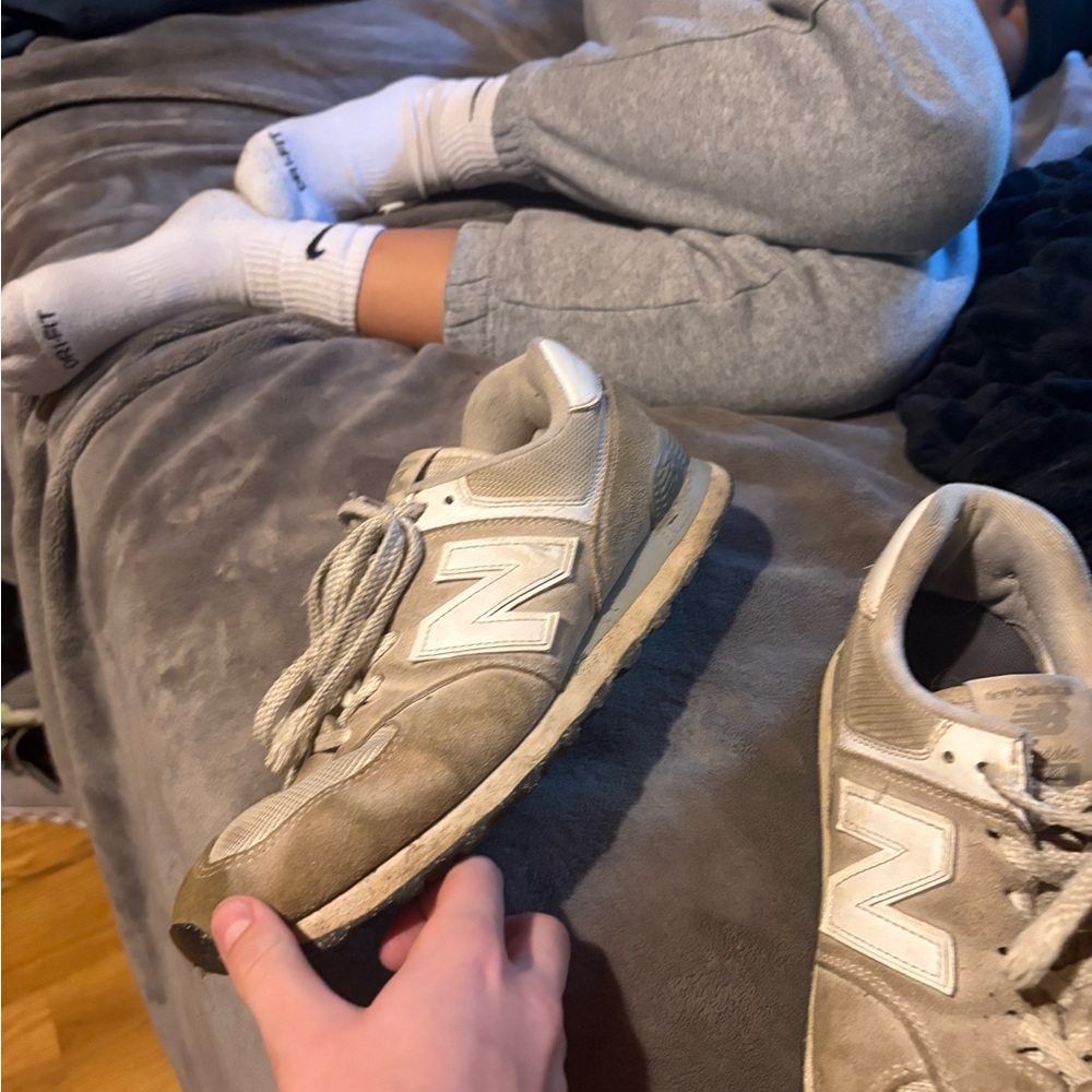 New Balance Taupe and White Sneakers